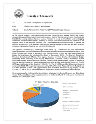 County of Gloucester
To: Gloucester County Board of Supervisors
From: J. Brent Fedors, County Administrator
Subject: County Administrator’s Fiscal Year 2017 Adopted Budget Message
As the national economy continues to slowly improve, many indicators suggest that US job growth,
wages and household incomes will continue to improve. Much of the improvement seen thus far can be
traced to the housing rebound, however ongoing increases in energy and healthcare costs and lagging
institutional reinvestment have had a tendency to dampen consumer confidence and contribute to the
sluggish nature of our economic recovery. Our Commonwealth’s economy continues to outpace the
national recovery and local revenues continue their steady positive recovery as well with projected
increases in population, housing, and economic development.
The Approved Fiscal Year (FY) 2017 Budget for the period July 1, 2016 to June 30, 2017, reflects some
of this momentum, which includes information on expected revenues and planned expenditures for each
of the County’s major funds. It represents more than ten months of effort and hard work to develop a
budget that emphasizes the priorities of the Board of Supervisors (BOS). The County’s Department
Directors, Constitutional Officers, other agency leaders, and the County Administrator’s Budget
Leadership Team (consisting of the County Administrator, Assistant County Administrator, Human
Resources Director, and the Financial Services Director) have worked closely together to develop a
financial plan that maintains or enhances service levels while working within funding limitations. The FY
2017 Approved Budget for the County is $109,609,717. The $61.8M General Fund Operating Budget is
comprised of $28.4M in operations (approximately 26% of the total Approved County Budget) and
$33.4M in transfers to other funds (approximately 30% of the total Approved County Budget). Of the
$33.4M, $23.5M, or 70% of the transfer amount supports our school’s operating budget of $55.6M.
Revenue sources for the General Fund are heavily reliant upon the General Property and Other Local
Taxes. As illustrated below, of every dollar received by the General Fund, 79 cents comes from General
Property and Other Local Taxes.
0.63
0.16
0.07
0.06
0.03
0.02 0.02 0.01
FY 2017 Revenue Sources General Property Taxes
Other Local Taxes
State Car, Communication
Sales Taxes
State Share
Fund Balance
Permits, Charges for Services
Grants, Federal, Recovered
Costs
Donations, Sales, Interest,
Fines, Other
Page 39 of 244
 