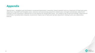14
Appendix
2Special Items: intangible asset amortization; accelerated depreciation; acquisition-related inventory write-up; impairment of long-lived assets;
impairment of goodwill and intangible assets; severance and restructuring; acquisition-related costs; contingent consideration adjustments
relating to certain acquisitions; expected loss on rent expense for vacated office space; loss related to sale of land and buildings; impairment of
investments in privately-held companies; tax provision impacts due to fixed asset tax basis adjustment relating to prior year depreciation
expense.
 