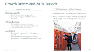 5
Growth Drivers and 2018 Outlook
National Accounts
• Delivered record operating results
• Currently serving over 43,000 customer
locations
Cylinder Exchange
• Generated record operating results
• Volume up over 8% compared to prior year
• Over 50,000 distribution points
Acquisitions
• Completed 5 acquisitions ~ 6 million gallons
annually
• More than 50% of funding for acquisitions
generated by sale of excess/underutilized assets
Growth Initiatives FY 2018 Adjusted EBITDA Guidance
• Expect Adjusted EBITDA of $650 - $690 million
• Based on normal weather over 15-year period,
which is ~3% warmer than previous 30-year
period
AmeriGas Partners | Fiscal 2017 Results
 