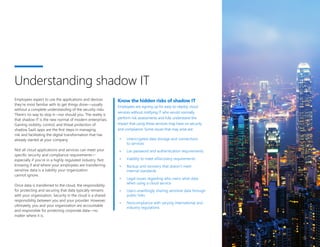 Employees expect to use the applications and devices
they’re most familiar with to get things done—usually
without a complete understanding of the security risks.
There’s no way to stop it—nor should you. The reality is
that shadow IT is the new normal of modern enterprises.
Gaining visibility, control, and threat protection of
shadow SaaS apps are the first steps in managing
risk and facilitating the digital transformation that has
already started at your company.
Not all cloud applications and services can meet your
specific security and compliance requirements—
especially if you’re in a highly regulated industry. Not
knowing if and where your employees are transferring
sensitive data is a liability your organization
cannot ignore.
Once data is transferred to the cloud, the responsibility
for protecting and securing that data typically remains
with your organization. Security in the cloud is a shared
responsibility between you and your provider. However,
ultimately, you and your organization are accountable
and responsible for protecting corporate data—no
matter where it is.
3
Understanding shadow IT
Know the hidden risks of shadow IT
Employees are signing up for easy-to-deploy cloud
services without notifying IT who would normally
perform risk assessments and fully understand the
impact that using these services may have on security
and compliance. Some issues that may arise are:
▪▪ Unencrypted data storage and connections
to services
▪▪ Lax password and authentication requirements
▪▪ Inability to meet eDiscovery requirements
▪▪ Backup and recovery that doesn’t meet
internal standards
▪▪ Legal issues regarding who owns what data
when using a cloud service
▪▪ Users unwittingly sharing sensitive data through
public links
▪▪ Noncompliance with varying international and
industry regulations
 