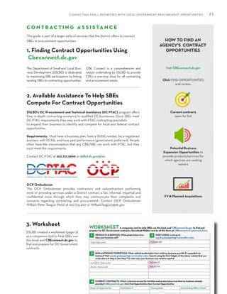 CONNECTING SMALL BUSINESSES WITH LOCAL GOVERNMENT PROCUREMENT OPPORTUNITIES 11
C o n t r ac t i n g A s s i s ta n c e
This guide is part of a larger suite of services that the District offers to connect
SBEs to procurement opportunities.
1. Finding Contract Opportunities Using
Cbeconnect.dc.gov
2. Available Assistance To Help SBEs
Compete For Contract Opportunities
3. Worksheet
The Department of Small and Local Busi-
ness Development (DSLBD) is dedicated
to maximizing SBE participation by linking
existing SBEs to contracting opportunities.
CBE Connect is a comprehensive and
robust undertaking by DSLBD to provide
CBEs a one-stop shop for all contracting
and procurement needs.
DSLBD’s DC Procurement and Technical Assistance (DC PTAC) program offers
free, in-depth contracting assistance to qualified DC businesses. Once SBEs meet
DC PTAC requirements they may work with PTAC contracting specialists
to expand their business to identify and compete for local and federal contract
opportunities.
Requirements: Must have a business plan, have a DUNS number, be a registered
business with DCRA, and have past performance (government preferred). People
often have the misconception that any CBE/SBE can work with PTAC, but they
must meet the requirements.
Contact DC PTAC at 202.727.3900 or dslbd.dc.gov/ptac
DSLBD created a worksheet (page 12)
as a companion tool to help SBEs use
this book and CBEconnect.dc.gov to
find and prepare for DC Government
contracts
HOW TO FIND AN
AGENCY’S CONTRACT
OPPORTUNITIES
Visit CBEconnect.dc.gov
Click FIND OPPORTUNITIES
and review:
Current contracts
open for bid
Potential Business
Expansion Opportunities to
provide products/services for
which agencies are seeking
waivers
FY18 Planned Acquisitions
OCP Ombudsman
The OCP Ombudsman provides contractors and subcontractors performing
work or providing services under a District contract a fair, informal, impartial and
confidential voice through which they may communicate their complaints and
concerns regarding contracting and procurement. Contact OCP Ombudsman
William Peter Teague (Pete) at 202.724.4197 or William.Teague2@dc.gov.
 