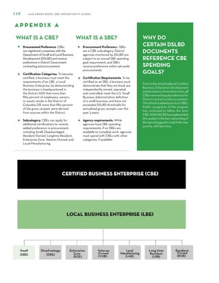 110 2018 GREEN BOOK (SBE OPPORTUNITY GUIDE)
A P P E N D I X A
WHAT IS A CBE?
Procurement Preference. CBEs
are registered companies with the
Department of Small and Local Business
Development (DSLBD) and receive
preference in District Government
contracting and procurement.
Certification Categories. To become
certified, a business must meet the
requirements of an LBE, a Local
Business Enterprise, by demonstrating
the business is headquartered in
the District AND that more than
fifty percent of employees, owners,
or assets reside in the District of
Columbia OR more than fifty percent
of the gross receipts were derived
from sources within the District.
Subcategory. CBEs can apply for
additional certifications to receive
added preference in procurement,
including Small, Disadvantaged,
Resident-Owned, Longtime Resident,
Enterprise Zone, Veteran-Owned, and
Local Manufacturing.
WHAT IS A SBE?
Procurement Preference. SBEs
are a CBE subcategory. District
agencies monitored by DSLBD are
subject to an annual SBE spending
goal requirement, and SBEs
receive preference within set-aside
procurements.
Certification Requirements. To be
certified as an SBE, a business must
demonstrate that they are local; are
independently owned, operated,
and controlled; meet the U.S. Small
Business Administration definition
of a small business; and have not
exceeded DSLBD thresholds for
annualized gross receipts over the
past 3 years.
Agency requirements. While
agencies have SBE spending
requirements, if no SBEs are
available to complete work, agencies
must spend with CBEs with other
categories, if available.
WHY DO
CERTAIN DSLBD
DOCUMENTS
REFERENCE CBE
SPENDING
GOALS?
Priortothe2014SmallandCertified
Business Enterprise Development
andAssistanceAmendmentAct,all
CBEsreceivedequalpreferencefor
District contract and procurement.
The2014ActaddedprioritytoSBEs.
Public recognition of the program
has continued to follow the term
CBE.WhileDSLBDhasimplemented
theupdateinthelaw,rebrandingof
thespendinggoaltomatchthenew
priority will take time.
 