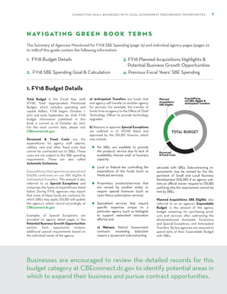 CONNECTING SMALL BUSINESSES WITH LOCAL GOVERNMENT PROCUREMENT OPPORTUNITIES 9
N av i gat i n g G r e e n B o o k T e r m s
The Summary of Agencies Monitored for FY18 SBE Spending (page 15) and individual agency pages (pages 22
to 108) of this guide contain the following information:
1. FY18 Budget Details
1. FY18 Budget Details 3. FY18 Planned Acquisitions Highlights & 	
Potential Business Growth Opportunities
Total Budget is the Fiscal Year 2018
(FY18) Total Appropriated Monitored
Budget, which includes operating and
capital dollars. FY18 begins October 1,
2017 and ends September 30, 2018. FY18
budget information published in this
book is current as of October 30, 2017.
For the most current data, please visit
CBEconnect.dc.gov.
Personnel & Fixed Costs are the
expenditures for agency staff salaries,
utilities, rent and other fixed costs that
cannot be contracted out to SBEs. These
costs are not subject to the SBE spending
requirement. These are also called
Automatic Exclusions.
Expenditures that agencies proposed and
DSLBD confirmed are not SBE eligible &
Anticipated Transfers. This amount is also
referred to as Special Exceptions and
comprises the types of expenditures listed
below. During FY18, agencies may report
that some of these funds are contracts for
which SBEs may apply. DSLBD will update
the agency’s online record accordingly at
CBEconnect.dc.gov.
Examples of Special Exceptions are
provided on agency detail pages in the
Potential Business Growth Opportunities
section. Each opportunity contains
additional special requirements based on
the individual needs of the agency.
set-aside with SBEs. Subcontracting re-
quirements may be waived by the De-
partment of Small and Local Business
Development (DSLBD) if an agency sub-
mits an official waiver request to DSLBD
justifying why the requirement cannot be
met by SBEs.
Planned Acquisitions: SBE Eligible, also
referred to as an agency’s Expendable
Budget, is the amount of the agency
budget remaining for purchasing prod-
ucts and services after subtracting the
aforementioned Automatic Exclusions
and Special Exceptions, and Anticipated
Transfers. By law, agencies are required to
spend 50% of their Expendable Budget
with SBEs.
a) Anticipated Transfers are funds that
one agency will transfer to another agency
for services. For example, the transfer of
funds from an agency to the Office of Chief
Technology Officer to provide technology
upgrades.
b) Reasons to approve Special Exceptions
are outlined in 27 DCMR 830.6 and
approved by the DSLBD Director, which
may include:
	
No SBEs are available to provide
the product/ service due to lack of
availability, interest and/ or business
capacity;
Local or federal law controlling the
expenditure of the funds (such as
Medicaid services);
Proprietary products/services that
are owned by another entity or
require special licensure (such as
Lexis Nexus subscription service);
Specialized services that require
specific expertise unique to a
particular agency (such as biologists
to support watershed restoration
efforts); and
c) Waivers: District Government
contracts exceeding $250,000
require a 35 percent subcontracting
Businesses are encouraged to review the detailed records for this
budget category at CBEconnect.dc.gov to identify potential areas in
which to expand their business and pursue contract opportunities.
4. Previous Fiscal Years' SBE Spending2. FY18 SBE Spending Goal & Calculation
 