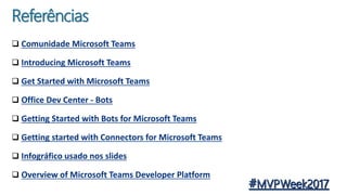  Comunidade Microsoft Teams
 Introducing Microsoft Teams
 Get Started with Microsoft Teams
 Office Dev Center - Bots
 Getting Started with Bots for Microsoft Teams
 Getting started with Connectors for Microsoft Teams
 Infográfico usado nos slides
 Overview of Microsoft Teams Developer Platform
Referências
7/30/20113
 