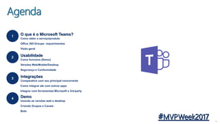 44
O que é o Microsoft Teams?1
Agenda
Como obter o serviço/produto
Office 365 Groups: requerimentos
Visão geral
Usabilidade2
Como funciona (Demo)
Versões Web/Mobile/Desktop
Segurança e Conformidade
Integrações3
Comparativo com seu principal concorrente
Como integrar ele com outros apps
Integrar com ferramentas Microsoft e 3rd-party
Demo4
Usando as versões web e desktop
Criando Grupos e Canais
Bots
 