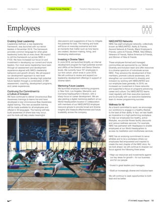 Employees
Enabling Great Leadership
Leadership Defined, a new leadership
framework, was launched with our senior
leaders in November 2018. The framework
provides common language for what great
leadership looks like at every level. We expect
to roll this framework out across NIKE in
FY20. We have increased our focus on and
investment in developing our current and future
leaders. Our most senior leadership have been
through an assessment and development
experience aligned with NIKE’s leadership
behaviors and growth drivers. We will expand
our development approach to next level
leaders and continue to develop high potential
future leaders through a combination of 360
assessment, coaching, development programs,
and career experiences.
Continuing Our Commitment to
a Culture of Inclusion
We have continued to deliver Unconscious Bias
Awareness trainings to teams live and have
developed a new Unconscious Bias Awareness
digital training. This new accessible training
will be made available for all employees and
offered in 30 languages. The training will help
build awareness of where bias may occur,
and the tools will help create meaningful
discussions and suggestions of how to mitigate
the potential for bias. The training and tools
will focus on everyday scenarios and look
at moments that matter such as how teams
are created, decision-making, hiring, and
developing relationships.
Investing in Diverse Talent
In June 2018, we launched Amplify, an internal
development program for high-potential women
and URGs at the Director and Senior Director
levels. We currently have 101 employees in
our first cohort, which ends in June 2019.
We will continue to review and expand our
leadership development offerings in support of
diverse talent.
Mentoring Future Leaders
We launched employee mentoring programs
in New York, Los Angeles, Memphis, and
Converse headquarters in Boston, with a
sharp focus on career development. We are
also piloting a digital mentoring platform at our
World Headquarters location in collaboration
with members of our NIKEUNITED employee
resource groups to provide broad and diverse
insights and measure effectiveness and future
scalability across the company.
NIKEUNITED Networks
NIKE has eight employee networks, collectively
known as NIKEUNITED: Ability  Friends,
Ascend Network  Friends, Black Employee 
Friends, Latino  Friends, PRIDE, Nike Military
Veterans  Friends, Native American  Friends,
and Women of Nike  Friends.
These employee-formed and managed
communities are sponsored by our Global
Diversity and Inclusion team and offer resources
to a diverse spectrum of individuals across
NIKE. They advance the development of their
members, promote cultural awareness, and
strengthen our commitment to diversity and
inclusion by working with NIKEUNITED and
our employee base generally. In 2018, we
increased our investment in these networks
and supported a focus on programs advancing
career and culture. Our NIKEUNITED teams
meet regularly with their executive sponsors
and bi-annually with our executive leadership
team to review programming success.
Wellness for All
As a brand committed to sport, we encourage
our workforce to engage in a healthy lifestyle
to the best of their ability. In fact, we see health
as imperative to a high-performing workplace.
To help our employees live healthy, active
lifestyles, we provide fitness facility discounts
and various wellness services. For example,
NIKE has partnered with Headspace to enable
employees at our World Headquarters to
access its meditation and mindfulness services.
NIKE has an enduring commitment to serve
athletes and to be a workplace where our
employees feel empowered and inspired to
create the next chapter of the NIKE story. As
we look ahead, we will continue to sharpen our
focus against the following three areas:
• Align our resources and investments against
our key areas for growth – for our business
and for our people
• Invest in great leaders and managers
• Build an increasingly diverse and inclusive team
We will continue to seek opportunities to both
lead and be better.
Yoga class – NIKE WHQ Michael Krzyzewski Fitness Center
Unleash Human Potential Transform ManufacturingIntroduction Our Approach Appendix
FY18 NIKE Impact Report 18
Minimize Environmental Footprint
 