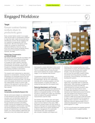 Engaged Workforce
Target
Ensure contract factory
workers share in
productivity gains
Every contract factory worker in our supply
chain has the right to compensation sufficient
to meet their basic needs and provide some
discretionary income. We are engaging with
our suppliers to progressively meet this
requirement. We know that factory worker
wages can increase as overall factory
operational efficiency improves, and we
know that valued workers accelerate factory
performance to the benefit of workers,
factories, and NIKE.
Piloting New Compensation
and Benefit Models
We worked with Dara O’Rourke and Niklas Lollo
from the University of California at Berkeley
from FY15–18 to explore new methods
to increase the value created in factories
and share that with workers. The resulting
Compensation and Benefits research pilot
focused on changing compensation structures
and tracking increases in both factory
productivity levels and take-home pay.
The research pilot implemented an alternative
approach to compensation, including improved
transparency for employees around how pay
is calculated and incentive systems that are
better aligned to productivity goals. The results
were encouraging; the factory we worked with
has independently chosen to further scale
versions of the approach to all lines within the
pilot factory as well as to other factories in
their network.
Learn more:
Compensation and Benefits Research Pilot
We are continuing to deepen our understanding
of what elements of the pilot were key to its
success, such as information systems that
connect business and operator data, lean
processes that focus on enabling workers
through standard processes and skilling,
problem-solving and engagement activities,
worker-management communication channels,
and strong employee input throughout the
process of implementing a new compensation
system. Our unique academic relationship has
produced a truly multi-stakeholder approach
that presents a robust alternative to the current
model of compensation used in most factories.
This is a complex issue and while this pilot
alone cannot address the complex challenge of
wages, it is an important step forward.
Compensation systems that reward
performance and attract talent will benefit
all stakeholders. We are now collaborating
internally with our leading suppliers, and with
external experts, to explore next steps on
scaling the learnings from this research pilot.
Reducing Absenteeism and Turnover
Since NIKE supplier facilities have relatively low
rates of unplanned absenteeism and turnover
relative to comparable facilities. In FY18, NIKE
focused on working with a select set of facilities
where we believed the greatest additional
improvements could be made.
Ten facilities were selected, each with higher
than average rates of unplanned absenteeism
and/or turnover relative to their peers. NIKE
field teams worked closely with each facility to
perform a thorough root cause analysis on their
respective rates and to support development
by factory management of a customized
improvement plan. Each engagement
also included a detailed cost analysis and
tracking, which increased facility buy-in and
measurement of impact. We observed greatest
improvements with facilities that invested
broadly in their HR management system,
such as their HR information systems (HRIS),
recruitment and hiring practices, benefits
procedures, communications, and training and
development systems.
For example, one facility in Indonesia had
higher than comparable rates of unplanned
absenteeism. After evaluating, management
discovered that workers had difficulty
understanding the complex process to take
leave, so they took leave without notice.
A simpler leave application procedure was
introduced and implemented across the factory
with clear guidance and training to ensure
awareness of the workers. The factory also
invested in HRIS and provided onsite HR kiosks
to make it more convenient for the workers to
apply for leave in advance. This resulted in a
significant reduction (approximately 25%) in
unplanned absenteeism during the measured
period against FY17 data.
In FY19, we will expand this targeted approach
with an additional set of supplier facilities.
Factory worker – Putian, China
Unleash Human Potential Transform ManufacturingIntroduction Our Approach Appendix
FY18 NIKE Impact Report 31
Minimize Environmental Footprint
 
