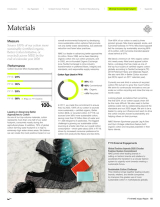 Materials
Measure
Source 100% of our cotton more
sustainably (certified organic,
Better Cotton Initiative, or
recycled) across NIKE by the
end of calendar year 2020
Leading in Advancing Better
Approaches to Cotton
As one of our top-volume materials, cotton
represents more than one-half of our water
footprint, consumed mostly during the
agricultural phase. In addition, 78% of global
cotton farming water footprint is in high to
extremely-high water stress areas. We believe
we can create the most positive impact on our
In 2011, we made the commitment to ensure
that, by 2020, 100% of our cotton is sourced
more sustainably – certified organic, Better
Cotton (BCI), or recycled cotton. In FY18, we
sourced over 58% more sustainable cotton,
saving more than 32 billion liters of water and
111,000 kilograms of pesticides. The biggest
challenge is growing our sustainable cotton
sourcing at a faster rate than our overall cotton
consumption – which grew about 20% in FY18,
driven by increased consumer preference for
cotton-rich products like fleece and tee shirts.
Over 90% of our cotton is used by three
product groups: Nike brand apparel, socks, and
Converse footwear. In FY18, Nike brand apparel
led the company by sustainably sourcing 68%
of its cotton, with Converse-branded apparel
close behind at 67%.
We blend a minimum of 10% organic cotton
into nearly every Nike brand apparel cotton
fabric, a strategy that has made us one of
the top four buyers of certified organic cotton
globally according to Textile Exchange’s (TE)
2018 Preferred Fibers and Materials Report.
We also rank fifth in Better Cotton sourced
(per BCI’s report on 2017 calendar year).
Currently we rank third in volume of recycled
cotton (TE) but aim to grow this much further.
We strive to continuously innovate so we can
scale our cotton recycling and close the loop on
textile waste.
Looking ahead, we believe that converting
the final 20% of our cotton supply chain will
be the most difficult. We also need to further
address water risk by collaborating beyond the
standards and our 2020 target. We aim to be a
leader by using our influence and reach to drive
the cotton industry toward sustainability and
helping others on their journeys.
NIKE Women Sportwear popular Leg-A-See
and Gym Vintage collections feature both
organic cotton and recycled polyester in their
fabric blends.
overall environmental footprint by developing
more sustainable cotton options that promote
not only better water stewardship, but pesticide
reduction and fairer labor practices.
NIKE is a leader in advancing better approaches 
to cotton. Since 1998, we’ve been blending
organic cotton into our cotton products, and
in 2002, we co-founded Organic Exchange
(now Textile Exchange) to drive industry
transformation in preferred fibers, integrity and
standards, and responsible supply networks.
Cotton Type Used in FY18
50%	BCI
42%	Conventional
8%	Organic
1%	Recycled
Performance
Cotton Sourced More Sustainably (%)
FY15 / 24%
FY16 / 35%
FY17 / 53%
FY18 / 58% 34 p.p. (vs. FY15 baseline)	
FY20 target
	100	%
FY18 External Engagements
Global Fashion Agenda 2020 Circular
Fashion System Commitment
NIKE joined other leading brands in
calling on fashion brands and retailers to
accelerate the transition to a circular fashion
system to urgently work towards creating a
sustainable future.
Sustainable Cotton Challenge
This initiative brings together leading industry
brands, retailers, and textile companies
to champion the greater use of more
sustainable cotton in marketplaces globally.
NIKE Flyknit and Vapor Max Air sole
Minimize Environmental ImpactMinimize Environmental FootprintUnleash Human Potential Transform ManufacturingIntroduction Our Approach Appendix
FY18 NIKE Impact Report 40
 