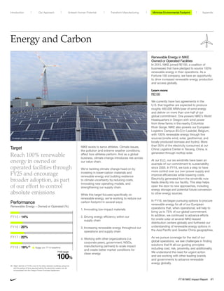 Energy and Carbon
NIKE exists to serve athletes. Climate issues,
like pollution and extreme weather conditions,
affect how athletes perform. And as a global
business, climate change introduces risk across
our value chain.
We’re tackling climate change head-on by
investing in lower-carbon materials and
renewable energy and building resilience
to climate uncertainty by reducing costs,
innovating new operating models, and
strengthening our supply chain.
While this target focuses specifically on
renewable energy, we’re working to reduce our
carbon footprint in several ways:
1. Innovating low-impact materials
2. Driving energy efficiency within our
supply chain
3. Increasing renewable energy throughout our
operations and supply chain
4. Working with other organizations (i.e.
corporate peers, government, NGOs,
manufacturing partners) to scale impact
and create better market conditions for
clean energy
Renewable Energy in NIKE
Owned or Operated Facilities
In 2015, NIKE joined RE100, a coalition of
businesses that have pledged to source 100%
renewable energy in their operations. As a
Fortune 100 company, we have an opportunity
to drive increased renewable energy production
and access globally.
Learn more:
RE100
We currently have two agreements in the
U.S. that together are expected to produce
roughly 460,000 MWh/year of wind energy
and deliver on more than one-half of our
global commitment. One powers NIKE’s World
Headquarters in Oregon with wind power
from three farms in the nearby Columbia
River Gorge. NIKE also powers our European
Logistics Campus (ELC) in Laakdal, Belgium,
with 100% renewable energy through five
sources (onsite wind, solar, geothermal, and
locally produced biomass and hydro). More
than 30% of the electricity consumed at our
China Logistics Center in Taicang, China, is
generated through rooftop solar.
At our ELC, our six windmills have been an
example of our commitment to sustainability
since 2005. In FY18, we took a step to have
more control over our own power supply and
improve efficiencies while lowering costs.
Electricity generated from the windmills now
feeds directly into our facility. This step helps
open the door to new approaches, including
energy storage and potential future conversion
to other energy sources.
In FY18, we began pursuing options to procure
renewable energy for all of our European
operations that, when operational, will help to
bring us to 75% of our global commitment.
In addition, we continued to advance efforts
for onsite solar at several NIKE-leased
distribution centers globally and furthered our
understanding of renewable energy options in
the Asia Pacific and Greater China geographies.
As we pursue coverage for the rest of our
global operations, we see challenges in finding
solutions that fit all our guiding principles
including cost, risk, proximity, and additionality.
We understand the need for urgent action
and are working with other leading brands
and governments to advance renewable
energy globally.
Target
Reach 100% renewable
energy in owned or
operated facilities through
FY25 and encourage
broader adoption, as part
of our effort to control
absolute emissions
Performance
Renewable Energy – Owned or Operated (%)
FY15 / 14%
FY16 / 20%
FY17 / 22%
FY18 / 19%48
5 p.p. (vs. FY15 baseline)
	 FY25 target
	100	%
48	Slight decline in FY18 is due to the delay between buildings going live
and the period of time required before the electricity meters can be
incorporated into the Oregon Power Purchase Agreement.
European Logistics Center – Laakdal, Belgium
Minimize Environmental ImpactMinimize Environmental FootprintUnleash Human Potential Transform ManufacturingIntroduction Our Approach Appendix
FY18 NIKE Impact Report 41
 