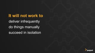 deliver infrequently
do things manually
succeed in isolation
It will not work to
 