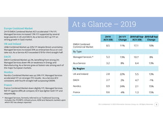 3ISG Confidential. © 2020 Information Services Group, Inc. All Rights Reserved.
EMEA 2019
At a Glance – 2019Europe Combined Market
2H19 EMEA Combined Market ACV accelerated 11% Y/Y;
Managed Services increased 13% Y/Y supported by several
large awards in UK and DACH; As-a-Service ACV up Y/Y on
strong growth in SaaS market.
UK and Ireland
UK&I Combined Market up 22% Y/Y despite Brexit uncertainty;
Managed Services increased 35% as enterprises focus on cost
take out; As-a-Service ACV exceeded €1B for third straight half.
DACH
DACH Combined Market up 2%, benefiting from strong 2H;
Managed Services down 4% on weakness in Energy and
Manufacturing; As-a-Service grew at fastest rate among each of
the major European markets.
Nordics
Nordics Combined Market was up 24% Y/Y; Managed Services
accelerated Y/Y on stronger ITO results; As-a-Service ACV
consistent, with fourth straight half surpassing €300M.
France
France Combined Market down slightly Y/Y; Managed Services
fell Y/Y against difficult compare; ACV was lighter both Y/Y and
sequentially.
* Managed Services, formerly referred to as Traditional Sourcing,
includes the ITO/BPO, Infrastructure, ADM and Network markets upon
which ISG has always reported.
2H19
ACV (€B)
2H Y/Y
Change
2019Full Year
ACV (€B)
2019Full Year
Change
EMEA Combined
Commercial Market
8.5 11% 17.1 10%
By Type
Managed Services * 5.3 13% 10.7 8%
As-a-Service 3.2 8% 6.4 13%
By Region
UK and Ireland 2.8 22% 5.5 13%
DACH 2.7 2% 4.7 -1%
Nordics 0.9 24% 2.1 15%
France 0.6 -4% 1.3 15%
 