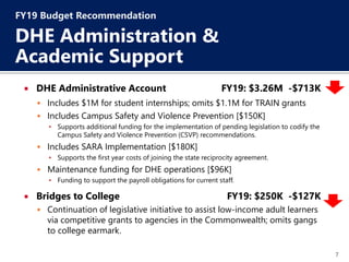7
 DHE Administrative Account FY19: $3.26M -$713K
 Includes $1M for student internships; omits $1.1M for TRAIN grants
 Includes Campus Safety and Violence Prevention [$150K]
▪ Supports additional funding for the implementation of pending legislation to codify the
Campus Safety and Violence Prevention (CSVP) recommendations.
 Includes SARA Implementation [$180K]
▪ Supports the first year costs of joining the state reciprocity agreement.
 Maintenance funding for DHE operations [$96K]
▪ Funding to support the payroll obligations for current staff.
 Bridges to College FY19: $250K -$127K
 Continuation of legislative initiative to assist low-income adult learners
via competitive grants to agencies in the Commonwealth; omits gangs
to college earmark.
FY19 Budget Recommendation
DHE Administration &
Academic Support
 