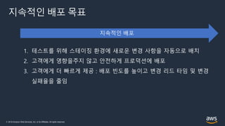 © 2019 Amazon Web Services, Inc. or its Affiliates. All rights reserved.
지속적인 배포 목표
1. 테스트를 위해 스테이징 환경에 새로운 변경 사항을 자동으로 배치
2. 고객에게 영향을주지 않고 안전하게 프로덕션에 배포
3. 고객에게 더 빠르게 제공 : 배포 빈도를 높이고 변경 리드 타임 및 변경
실패율을 줄임
 
