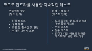 © 2019 Amazon Web Services, Inc. or its Affiliates. All rights reserved.
코드로 인프라를 사용한 지속적인 테스트
아티펙트 확인
(빌드 단계)
• 단위 테스트
• 정적 분석
• 조롱 된 종속성 및 환경
• 취약점 이미지 스캔
환경 구성 확인
(테스트 단계)
• 실제 종속성 및 실제 환경에
대한 통합 테스트
• 부하 테스트
• 침투 테스트
• 환경에 대한 배포의 영향을
테스트하기위한 모니터링
 