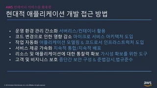 © 2019 Amazon Web Services, Inc. or its Affiliates. All rights reserved.
현대적 애플리케이션 개발 접근 방법
AWS 컨테이너 서비스를 활용한
• 운영 환경 관리 간소화 서버리스/컨테이너 활용
• 코드 변경으로 인한 영향 감소 마이크로 서비스 아키텍처 도입
• 작업 자동화 어플리케이션 모델링 & 코드로서 인프라스트럭처 도입
• 서비스 제공 가속화 지속적 통합/지속적 배포
• 리소스 및 애플리케이션에 대한 통찰력 확보 가시성 확보를 위한 도구
• 고객 및 비지니스 보호 종단간 보안 구성 & 준법감시,법규준수
 