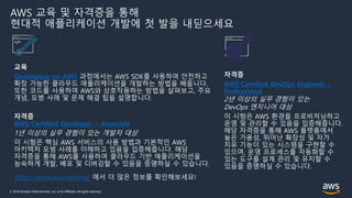 © 2019 Amazon Web Services, Inc. or its Affiliates. All rights reserved.
교육
Developing on AWS 과정에서는 AWS SDK를 사용하여 안전하고
확장 가능한 클라우드 애플리케이션을 개발하는 방법을 배웁니다.
또한 코드를 사용하여 AWS와 상호작용하는 방법을 살펴보고, 주요
개념, 모범 사례 및 문제 해결 팁을 설명합니다.
자격증
AWS Certified Developer – Associate
1년 이상의 실무 경험이 있는 개발자 대상
이 시험은 핵심 AWS 서비스의 사용 방법과 기본적인 AWS
아키텍처 모범 사례를 이해하고 있음을 입증해줍니다. 해당
자격증을 통해 AWS를 사용하여 클라우드 기반 애플리케이션을
능숙하게 개발, 배포 및 디버깅할 수 있음을 증명하실 수 있습니다.
AWS 교육 및 자격증을 통해
현대적 애플리케이션 개발에 첫 발을 내딛으세요
자격증
AWS Certified DevOps Engineer –
Professional
2년 이상의 실무 경험이 있는
DevOps 엔지니어 대상
이 시험은 AWS 환경을 프로비저닝하고
운영 및 관리할 수 있음을 입증해줍니다.
해당 자격증을 통해 AWS 플랫폼에서
높은 가용성, 뛰어난 확장성 및 자가
치유 기능이 있는 시스템을 구현할 수
있으며, 운영 프로세스를 자동화할 수
있는 도구를 설계 관리 및 유지할 수
있음을 증명하실 수 있습니다.
https://www.aws.training/ 에서 더 많은 정보를 확인해보세요!
 