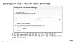 © 2019, Amazon Web Services, Inc. or its Affiliates. All rights reserved.
 용량 유형을 [Serverless]로 지정하면 모든 인스턴스 선택 및 구성 옵션이
사라지며클러스터 이름과 마스터 사용자 이름/암호 조합을 지정한 다음 [Next]를
클릭하기만 하면 된다
Serverless on AWS > Amazon Aurora Serverless
 