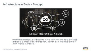 © 2019, Amazon Web Services, Inc. or its Affiliates. All rights reserved.
Infrastructure as Code > Concept
Infrastructure as Code (IaC) 는 수동적인 구성이 아닌 자동적으로 처리 가능한 정의 파일을
통해 컴퓨팅 인프라 (프로세스, 베어 메탈 서버, 가상 서버 등) 및 해당 구성을 관리하고
프로비저닝하는 프로세스 이다
 