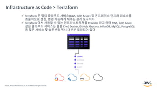 © 2019, Amazon Web Services, Inc. or its Affiliates. All rights reserved.
Infrastructure as Code > Terraform
 Terraform 은 멀티 클라우드 서비스(AWS, GCP, Azure) 및 온프레미스 인프라 리소스를
효율적으로 생성, 변경 가능하게 해주는 관리 도구이다.
 Terraform 에서 사용할 수 있는 인프라스트럭쳐를 Provider 라고 하며 AWS, GCP, Azure
같은 클라우드 서비스는 물론 Chef, Docker, GitHub, Grafana, InfluxDB, MySQL, PostgreSQL
등 많은 서비스 및 솔루션들 역시 대부분 포함되어 있다
 