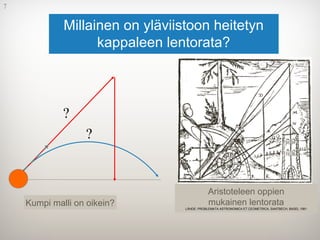 7
Millainen on yläviistoon heitetyn
kappaleen lentorata?
?
?
Kumpi malli on oikein?
Aristoteleen oppien
mukainen lentorata
LÄHDE: PROBLEMATA ASTRONOMICA ET CEOMETRICA, SANTBECH, BASEL 1561
 