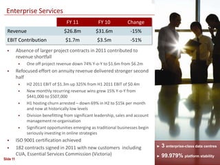 Enterprise Services
                                     FY 11             FY 10           Change
  Revenue                           $26.8m           $31.6m             -15%
  EBIT Contribution                  $1.7m            $3.5m             -51%
          Absence of larger project contracts in 2011 contributed to
           revenue shortfall
               One off project revenue down 74% Y-o-Y to $1.6m from $6.2m
          Refocused effort on annuity revenue delivered stronger second
           half
               H2 2011 EBIT of $1.3m up 325% from H1 2011 EBIT of $0.4m
               New monthly recurring revenue wins grew 15% Y-o-Y from
                $441,000 to $507,000
               H1 hosting churn arrested – down 69% in H2 to $15k per month
                and now at historically low levels
               Division benefitting from significant leadership, sales and account
                management re-organisation
               Significant opportunities emerging as traditional businesses begin
                seriously investing in online strategies
          ISO 9001 certification achieved
          182 contracts signed in 2011 with new customers including                  ►   3 enterprise-class data centres
           CUA, Essential Services Commission (Victoria)                              ►   99.979% platform stability
Slide 11
 