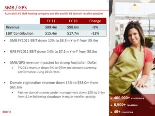 SMB / GPS
  Australia’s #1 SMB hosting company and the world’s #1 domain reseller provider

                                   FY 11            FY 10            Change
     Revenue                     $89.4m            $98.6m              -9%
     EBIT Contribution           $15.4m            $17.7m             -13%
      SMB FY2011 EBIT down 12% to $8.3m Y-o-Y from $9.4m

      GPS FY2011 EBIT down 14% to $7.1m Y-o-Y from $8.3m

      SMB/GPS revenue impacted by strong Australian Dollar
              FY2011 revenue down 6% to $93m on constant currency
               performance using 2010 rates


      Domain registration revenue down 13% to $54.0m from
       $61.8m
              Partner domain names under management down 12% to 3.6m
               from 4.1m following slowdown in major reseller activity             ►   400,000+ customers
                                                                                   ►   6,900+ resellers
Slide 13                                                                           ►   45+ countries
 