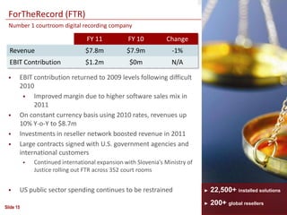 ForTheRecord (FTR)
  Number 1 courtroom digital recording company

                                   FY 11           FY 10          Change
  Revenue                         $7.8m           $7.9m             -1%
  EBIT Contribution               $1.2m            $0m              N/A

      EBIT contribution returned to 2009 levels following difficult
       2010
           Improved margin due to higher software sales mix in
            2011
      On constant currency basis using 2010 rates, revenues up
       10% Y-o-Y to $8.7m
      Investments in reseller network boosted revenue in 2011
      Large contracts signed with U.S. government agencies and
       international customers
              Continued international expansion with Slovenia’s Ministry of
               Justice rolling out FTR across 352 court rooms


      US public sector spending continues to be restrained                    ►   22,500+ installed solutions
                                                                               ►   200+ global resellers
Slide 15
 