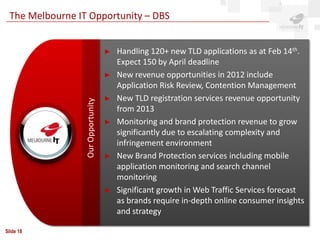The Melbourne IT Opportunity – DBS


                                   ►   Handling 120+ new TLD applications as at Feb 14th.
                                       Expect 150 by April deadline
                                   ►   New revenue opportunities in 2012 include
                                       Application Risk Review, Contention Management
                                   ►   New TLD registration services revenue opportunity
                 Our Opportunity

                                       from 2013
                                   ►   Monitoring and brand protection revenue to grow
                                       significantly due to escalating complexity and
                                       infringement environment
                                   ►   New Brand Protection services including mobile
                                       application monitoring and search channel
                                       monitoring
                                   ►   Significant growth in Web Traffic Services forecast
                                       as brands require in-depth online consumer insights
                                       and strategy

Slide 18
 