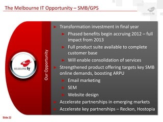 The Melbourne IT Opportunity – SMB/GPS


                                  ►   Transformation investment in final year
                                       ► Phased benefits begin accruing 2012 – full
                                          impact from 2013
                Our Opportunity        ► Full product suite available to complete
                                          customer base
                                       ► Will enable consolidation of services
                                  ►   Strengthened product offering targets key SMB
                                      online demands, boosting ARPU
                                       ► Email marketing
                                       ► SEM
                                       ► Website design
                                  ►   Accelerate partnerships in emerging markets
                                  ►   Accelerate key partnerships – Reckon, Hostopia
Slide 22
 