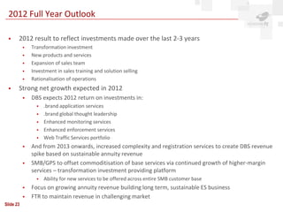 2012 Full Year Outlook

      2012 result to reflect investments made over the last 2-3 years
              Transformation investment
              New products and services
              Expansion of sales team
              Investment in sales training and solution selling
              Rationalisation of operations
      Strong net growth expected in 2012
              DBS expects 2012 return on investments in:
                    .brand application services
                    .brand global thought leadership
                    Enhanced monitoring services
                    Enhanced enforcement services
                    Web Traffic Services portfolio
              And from 2013 onwards, increased complexity and registration services to create DBS revenue
               spike based on sustainable annuity revenue
              SMB/GPS to offset commoditisation of base services via continued growth of higher-margin
               services – transformation investment providing platform
                    Ability for new services to be offered across entire SMB customer base
              Focus on growing annuity revenue building long term, sustainable ES business
              FTR to maintain revenue in challenging market
Slide 23
 
