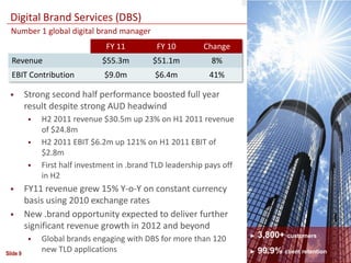 Digital Brand Services (DBS)
  Number 1 global digital brand manager
                                FY 11         FY 10         Change
  Revenue                      $55.3m        $51.1m           8%
  EBIT Contribution            $9.0m          $6.4m          41%

         Strong second half performance boosted full year
          result despite strong AUD headwind
             H2 2011 revenue $30.5m up 23% on H1 2011 revenue
              of $24.8m
             H2 2011 EBIT $6.2m up 121% on H1 2011 EBIT of
              $2.8m
             First half investment in .brand TLD leadership pays off
              in H2
         FY11 revenue grew 15% Y-o-Y on constant currency
          basis using 2010 exchange rates
         New .brand opportunity expected to deliver further
          significant revenue growth in 2012 and beyond
             Global brands engaging with DBS for more than 120         ►   3,800+ customers

Slide 9
              new TLD applications                                      ►   99.9% client retention
 