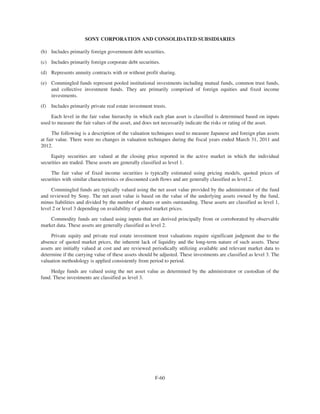 SONY CORPORATION AND CONSOLIDATED SUBSIDIARIES
(b) Includes primarily foreign government debt securities.
(c) Includes primarily foreign corporate debt securities.
(d) Represents annuity contracts with or without profit sharing.
(e) Commingled funds represent pooled institutional investments including mutual funds, common trust funds,
and collective investment funds. They are primarily comprised of foreign equities and fixed income
investments.
(f) Includes primarily private real estate investment trusts.
Each level in the fair value hierarchy in which each plan asset is classified is determined based on inputs
used to measure the fair values of the asset, and does not necessarily indicate the risks or rating of the asset.
The following is a description of the valuation techniques used to measure Japanese and foreign plan assets
at fair value. There were no changes in valuation techniques during the fiscal years ended March 31, 2011 and
2012.
Equity securities are valued at the closing price reported in the active market in which the individual
securities are traded. These assets are generally classified as level 1.
The fair value of fixed income securities is typically estimated using pricing models, quoted prices of
securities with similar characteristics or discounted cash flows and are generally classified as level 2.
Commingled funds are typically valued using the net asset value provided by the administrator of the fund
and reviewed by Sony. The net asset value is based on the value of the underlying assets owned by the fund,
minus liabilities and divided by the number of shares or units outstanding. These assets are classified as level 1,
level 2 or level 3 depending on availability of quoted market prices.
Commodity funds are valued using inputs that are derived principally from or corroborated by observable
market data. These assets are generally classified as level 2.
Private equity and private real estate investment trust valuations require significant judgment due to the
absence of quoted market prices, the inherent lack of liquidity and the long-term nature of such assets. These
assets are initially valued at cost and are reviewed periodically utilizing available and relevant market data to
determine if the carrying value of these assets should be adjusted. These investments are classified as level 3. The
valuation methodology is applied consistently from period to period.
Hedge funds are valued using the net asset value as determined by the administrator or custodian of the
fund. These investments are classified as level 3.
F-60
 
