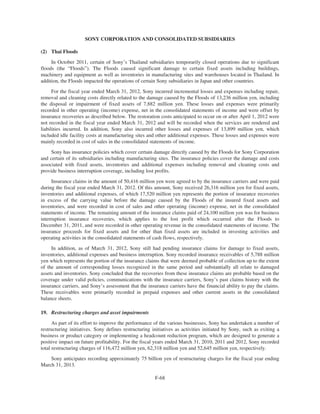 SONY CORPORATION AND CONSOLIDATED SUBSIDIARIES
(2) Thai Floods
In October 2011, certain of Sony’s Thailand subsidiaries temporarily closed operations due to significant
floods (the “Floods”). The Floods caused significant damage to certain fixed assets including buildings,
machinery and equipment as well as inventories in manufacturing sites and warehouses located in Thailand. In
addition, the Floods impacted the operations of certain Sony subsidiaries in Japan and other countries.
For the fiscal year ended March 31, 2012, Sony incurred incremental losses and expenses including repair,
removal and cleaning costs directly related to the damage caused by the Floods of 13,236 million yen, including
the disposal or impairment of fixed assets of 7,882 million yen. These losses and expenses were primarily
recorded in other operating (income) expense, net in the consolidated statements of income and were offset by
insurance recoveries as described below. The restoration costs anticipated to occur on or after April 1, 2012 were
not recorded in the fiscal year ended March 31, 2012 and will be recorded when the services are rendered and
liabilities incurred. In addition, Sony also incurred other losses and expenses of 13,899 million yen, which
included idle facility costs at manufacturing sites and other additional expenses. These losses and expenses were
mainly recorded in cost of sales in the consolidated statements of income.
Sony has insurance policies which cover certain damage directly caused by the Floods for Sony Corporation
and certain of its subsidiaries including manufacturing sites. The insurance policies cover the damage and costs
associated with fixed assets, inventories and additional expenses including removal and cleaning costs and
provide business interruption coverage, including lost profits.
Insurance claims in the amount of 50,416 million yen were agreed to by the insurance carriers and were paid
during the fiscal year ended March 31, 2012. Of this amount, Sony received 26,316 million yen for fixed assets,
inventories and additional expenses, of which 17,520 million yen represents the portion of insurance recoveries
in excess of the carrying value before the damage caused by the Floods of the insured fixed assets and
inventories, and were recorded in cost of sales and other operating (income) expense, net in the consolidated
statements of income. The remaining amount of the insurance claims paid of 24,100 million yen was for business
interruption insurance recoveries, which applies to the lost profit which occurred after the Floods to
December 31, 2011, and were recorded in other operating revenue in the consolidated statements of income. The
insurance proceeds for fixed assets and for other than fixed assets are included in investing activities and
operating activities in the consolidated statements of cash flows, respectively.
In addition, as of March 31, 2012, Sony still had pending insurance claims for damage to fixed assets,
inventories, additional expenses and business interruption. Sony recorded insurance receivables of 5,788 million
yen which represents the portion of the insurance claims that were deemed probable of collection up to the extent
of the amount of corresponding losses recognized in the same period and substantially all relate to damaged
assets and inventories. Sony concluded that the recoveries from these insurance claims are probable based on the
coverage under valid policies, communications with the insurance carriers, Sony’s past claims history with the
insurance carriers, and Sony’s assessment that the insurance carriers have the financial ability to pay the claims.
These receivables were primarily recorded in prepaid expenses and other current assets in the consolidated
balance sheets.
19. Restructuring charges and asset impairments
As part of its effort to improve the performance of the various businesses, Sony has undertaken a number of
restructuring initiatives. Sony defines restructuring initiatives as activities initiated by Sony, such as exiting a
business or product category or implementing a headcount reduction program, which are designed to generate a
positive impact on future profitability. For the fiscal years ended March 31, 2010, 2011 and 2012, Sony recorded
total restructuring charges of 116,472 million yen, 62,318 million yen and 52,645 million yen, respectively.
Sony anticipates recording approximately 75 billion yen of restructuring charges for the fiscal year ending
March 31, 2013.
F-68
 