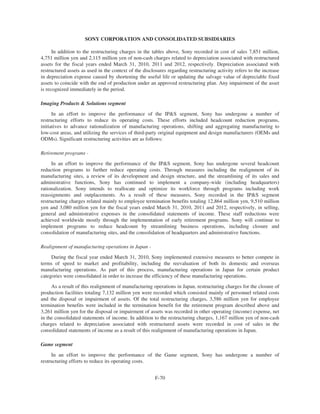 SONY CORPORATION AND CONSOLIDATED SUBSIDIARIES
In addition to the restructuring charges in the tables above, Sony recorded in cost of sales 7,851 million,
4,751 million yen and 2,115 million yen of non-cash charges related to depreciation associated with restructured
assets for the fiscal years ended March 31, 2010, 2011 and 2012, respectively. Depreciation associated with
restructured assets as used in the context of the disclosures regarding restructuring activity refers to the increase
in depreciation expense caused by shortening the useful life or updating the salvage value of depreciable fixed
assets to coincide with the end of production under an approved restructuring plan. Any impairment of the asset
is recognized immediately in the period.
Imaging Products & Solutions segment
In an effort to improve the performance of the IP&S segment, Sony has undergone a number of
restructuring efforts to reduce its operating costs. These efforts included headcount reduction programs,
initiatives to advance rationalization of manufacturing operations, shifting and aggregating manufacturing to
low-cost areas, and utilizing the services of third-party original equipment and design manufacturers (OEMs and
ODMs). Significant restructuring activities are as follows:
Retirement programs -
In an effort to improve the performance of the IP&S segment, Sony has undergone several headcount
reduction programs to further reduce operating costs. Through measures including the realignment of its
manufacturing sites, a review of its development and design structure, and the streamlining of its sales and
administrative functions, Sony has continued to implement a company-wide (including headquarters)
rationalization. Sony intends to reallocate and optimize its workforce through programs including work
reassignments and outplacements. As a result of these measures, Sony recorded in the IP&S segment
restructuring charges related mainly to employee termination benefits totaling 12,864 million yen, 9,510 million
yen and 3,080 million yen for the fiscal years ended March 31, 2010, 2011 and 2012, respectively, in selling,
general and administrative expenses in the consolidated statements of income. These staff reductions were
achieved worldwide mostly through the implementation of early retirement programs. Sony will continue to
implement programs to reduce headcount by streamlining business operations, including closure and
consolidation of manufacturing sites, and the consolidation of headquarters and administrative functions.
Realignment of manufacturing operations in Japan -
During the fiscal year ended March 31, 2010, Sony implemented extensive measures to better compete in
terms of speed to market and profitability, including the reevaluation of both its domestic and overseas
manufacturing operations. As part of this process, manufacturing operations in Japan for certain product
categories were consolidated in order to increase the efficiency of these manufacturing operations.
As a result of this realignment of manufacturing operations in Japan, restructuring charges for the closure of
production facilities totaling 7,132 million yen were recorded which consisted mainly of personnel related costs
and the disposal or impairment of assets. Of the total restructuring charges, 3,586 million yen for employee
termination benefits were included in the termination benefit for the retirement program described above and
3,261 million yen for the disposal or impairment of assets was recorded in other operating (income) expense, net
in the consolidated statements of income. In addition to the restructuring charges, 1,167 million yen of non-cash
charges related to depreciation associated with restructured assets were recorded in cost of sales in the
consolidated statements of income as a result of this realignment of manufacturing operations in Japan.
Game segment
In an effort to improve the performance of the Game segment, Sony has undergone a number of
restructuring efforts to reduce its operating costs.
F-70
 