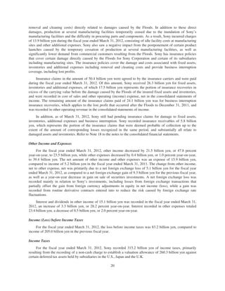 removal and cleaning costs) directly related to damages caused by the Floods. In addition to these direct
damages, production at several manufacturing facilities temporarily ceased due to the inundation of Sony’s
manufacturing facilities and the difficulty in procuring parts and components. As a result, Sony incurred charges
of 13.9 billion yen during the fiscal year ended March 31, 2012, consisting of idle facility costs at manufacturing
sites and other additional expenses. Sony also saw a negative impact from the postponement of certain product
launches caused by the temporary cessation of production at several manufacturing facilities, as well as
significantly lower demand from commercial customers resulting from the Floods. Sony has insurance policies
that cover certain damage directly caused by the Floods for Sony Corporation and certain of its subsidiaries
including manufacturing sites. The insurance policies cover the damage and costs associated with fixed assets,
inventories and additional expenses including removal and cleaning costs and provide business interruption
coverage, including lost profits.
Insurance claims in the amount of 50.4 billion yen were agreed to by the insurance carriers and were paid
during the fiscal year ended March 31, 2012. Of this amount, Sony received 26.3 billion yen for fixed assets,
inventories and additional expenses, of which 17.5 billion yen represents the portion of insurance recoveries in
excess of the carrying value before the damage caused by the Floods of the insured fixed assets and inventories,
and were recorded in cost of sales and other operating (income) expense, net in the consolidated statements of
income. The remaining amount of the insurance claims paid of 24.1 billion yen was for business interruption
insurance recoveries, which applies to the lost profit that occurred after the Floods to December 31, 2011, and
was recorded in other operating revenue in the consolidated statements of income.
In addition, as of March 31, 2012, Sony still had pending insurance claims for damage to fixed assets,
inventories, additional expenses and business interruption. Sony recorded insurance receivables of 5.8 billion
yen, which represents the portion of the insurance claims that were deemed probable of collection up to the
extent of the amount of corresponding losses recognized in the same period, and substantially all relate to
damaged assets and inventories. Refer to Note 18 to the notes to the consolidated financial statements.
Other Income and Expenses
For the fiscal year ended March 31, 2012, other income decreased by 21.5 billion yen, or 47.8 percent
year-on-year, to 23.5 billion yen, while other expenses decreased by 0.4 billion yen, or 1.0 percent year-on-year,
to 39.4 billion yen. The net amount of other income and other expenses was an expense of 15.9 billion yen,
compared to income of 5.2 billion yen in the fiscal year ended March 31, 2011. The change from other income,
net to other expense, net was primarily due to a net foreign exchange loss of 5.1 billion yen for the fiscal year
ended March 31, 2012, as compared to a net foreign exchange gain of 9.3 billion yen for the previous fiscal year,
as well as a year-on-year decrease in gain on sale of securities investments. A net foreign exchange loss was
recorded mainly in relation to Sony’s investments, including losses from foreign exchange transactions that
partially offset the gain from foreign currency adjustments in equity in net income (loss), while a gain was
recorded from routine derivative contracts entered into to reduce the risk caused by foreign exchange rate
fluctuations.
Interest and dividends in other income of 15.1 billion yen was recorded in the fiscal year ended March 31,
2012, an increase of 3.3 billion yen, or 28.2 percent year-on-year. Interest recorded in other expenses totaled
23.4 billion yen, a decrease of 0.5 billion yen, or 2.0 percent year-on-year.
Income (Loss) before Income Taxes
For the fiscal year ended March 31, 2012, the loss before income taxes was 83.2 billion yen, compared to
income of 205.0 billion yen in the previous fiscal year.
Income Taxes
For the fiscal year ended March 31, 2012, Sony recorded 315.2 billion yen of income taxes, primarily
resulting from the recording of a non-cash charge to establish a valuation allowance of 260.3 billion yen against
certain deferred tax assets held by subsidiaries in the U.S., Japan and the U.K.
20
 