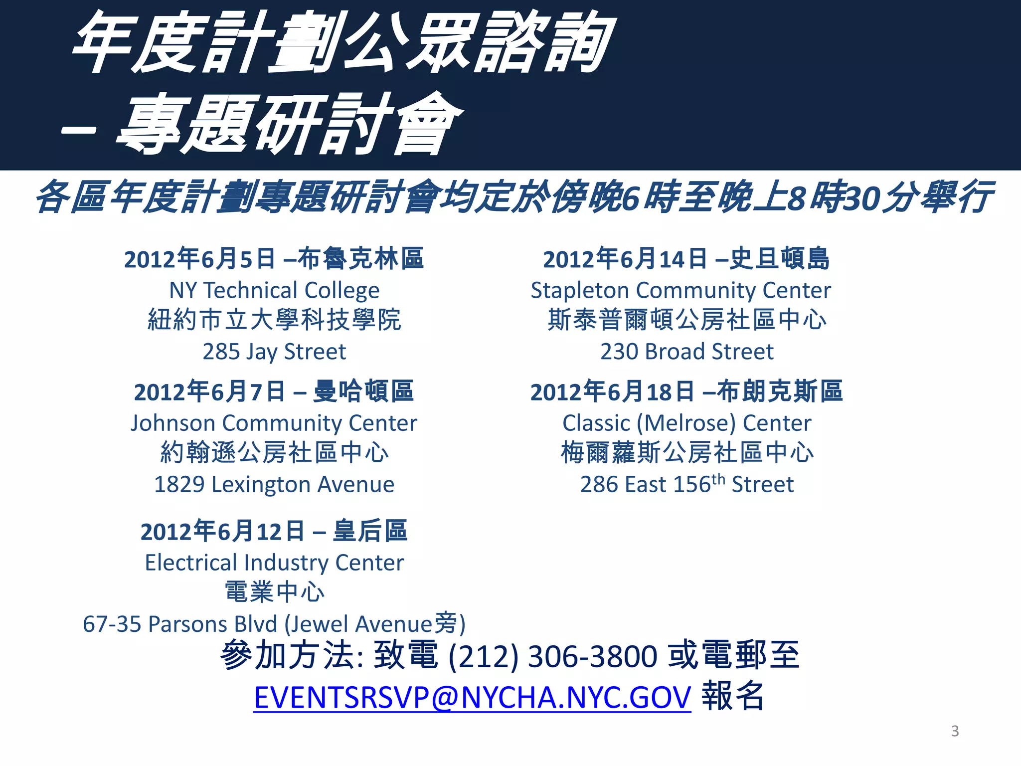 年度計劃公眾諮詢
– 專題研討會
3
參加方法: 致電 (212) 306-3800 或電郵至
EVENTSRSVP@NYCHA.NYC.GOV 報名
2012年6月5日 –布魯克林區
NY Technical College
紐約市立大學科技學院
285 Jay Street
2012年6月14日 –史旦頓島
Stapleton Community Center
斯泰普爾頓公房社區中心
230 Broad Street
2012年6月7日 – 曼哈頓區
Johnson Community Center
約翰遜公房社區中心
1829 Lexington Avenue
2012年6月18日 –布朗克斯區
Classic (Melrose) Center
梅爾蘿斯公房社區中心
286 East 156th Street
2012年6月12日 – 皇后區
Electrical Industry Center
電業中心
67-35 Parsons Blvd (Jewel Avenue旁)
各區年度計劃專題研討會均定於傍晚6時至晚上8時30分舉行
 