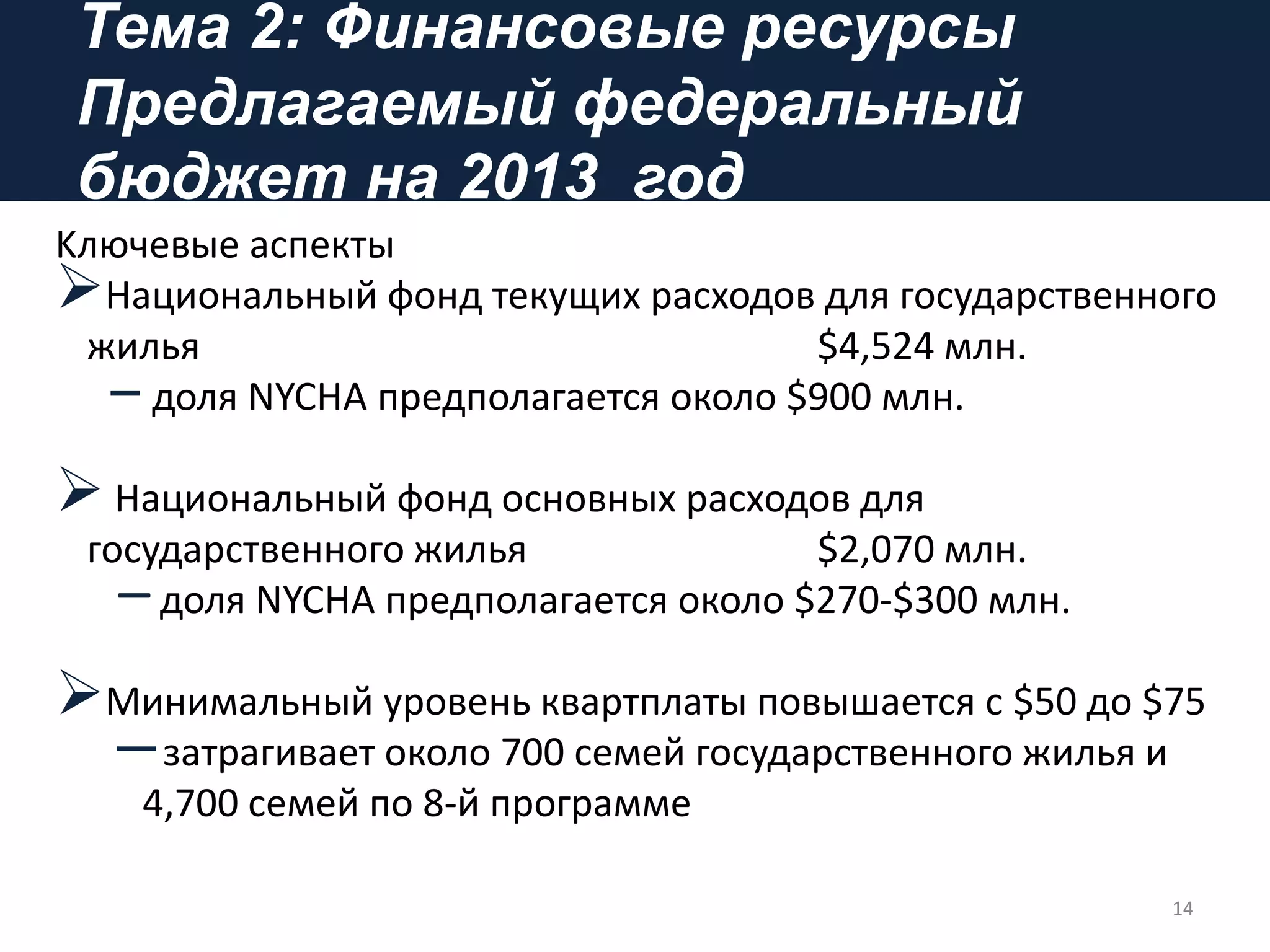 Тема 2: Финансовые ресурсы
Предлагаемый федеральный
бюджет на 2013 год
14
Kлючевые аспекты
Национальный фонд текущих расходов для государственного
жилья $4,524 млн.
– доля NYCHA предполагается около $900 млн.
Национальный фонд основных расходов для
государственного жилья $2,070 млн.
–доля NYCHA предполагается около $270-$300 млн.
Mинимальный уровень квартплаты повышается с $50 дo $75
―затрагивает около 700 семей государственного жилья и
4,700 семей по 8-й программе
 