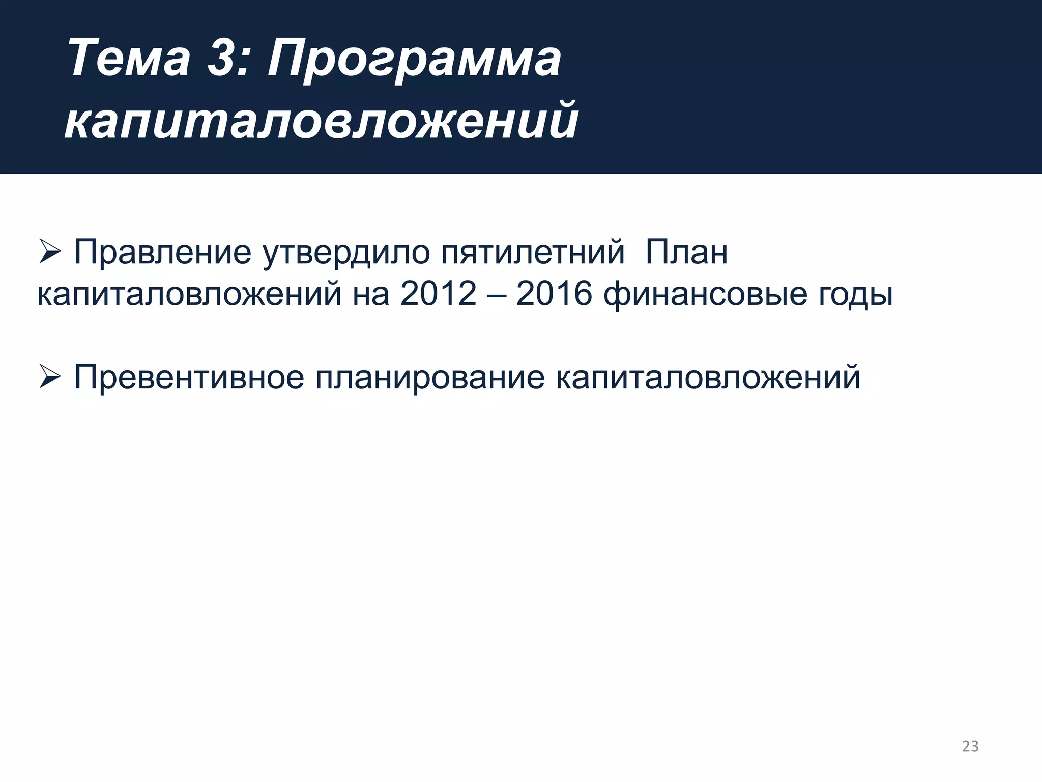 Tема 3: Программа
капиталовложений
23
 Правление утвердило пятилетний План
капиталовложений на 2012 – 2016 финансовые годы
 Превентивное планирование капиталовложений
 