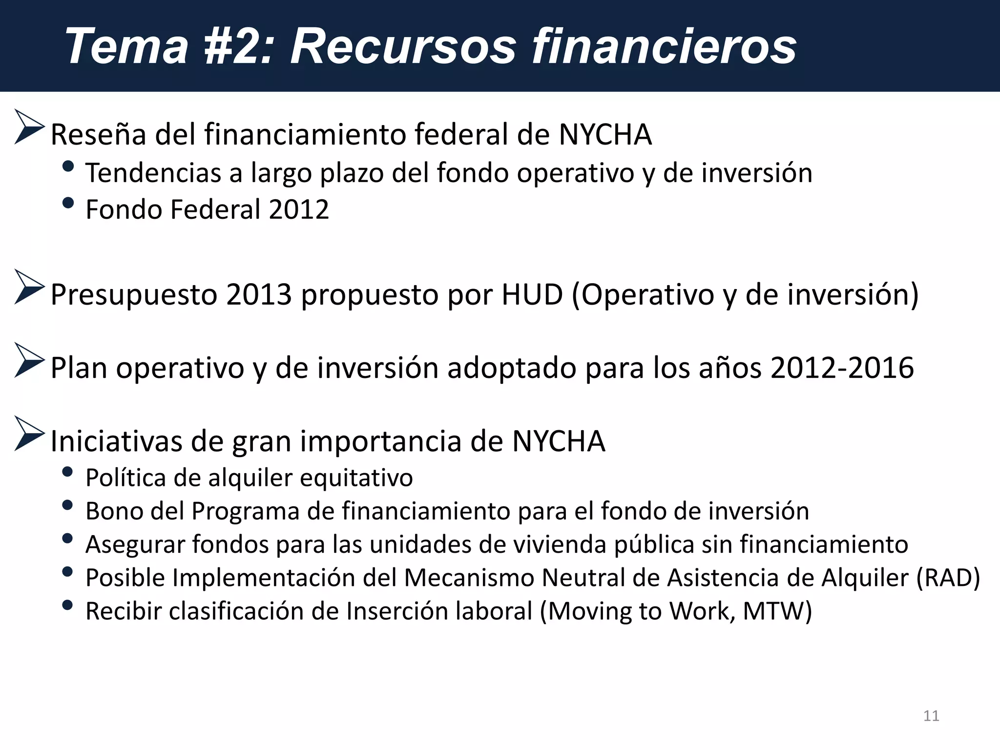 Tema #2: Recursos financieros
Reseña del financiamiento federal de NYCHA
• Tendencias a largo plazo del fondo operativo y de inversión
• Fondo Federal 2012
Presupuesto 2013 propuesto por HUD (Operativo y de inversión)
Plan operativo y de inversión adoptado para los años 2012-2016
Iniciativas de gran importancia de NYCHA
• Política de alquiler equitativo
• Bono del Programa de financiamiento para el fondo de inversión
• Asegurar fondos para las unidades de vivienda pública sin financiamiento
• Posible Implementación del Mecanismo Neutral de Asistencia de Alquiler (RAD)
• Recibir clasificación de Inserción laboral (Moving to Work, MTW)
11
 