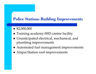 Police Stations Building Improvements

 $2,000,000
 Training academy-SSD canine facility
 Unanticipated electrical, mechanical, and
 plumbing improvements
 Automated fuel management improvements
 Alapai Station roof improvements
 