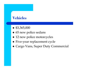 Vehicles

 $3,365,000
 65 new police sedans
 12 new police motorcycles
 Five-year replacement cycle
 Cargo Vans, Super Duty Commercial
 