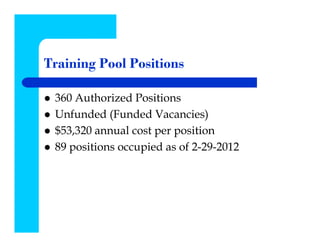 Training Pool Positions

 360 Authorized Positions
 Unfunded (Funded Vacancies)
 $53,320 annual cost per position
 89 positions occupied as of 2-29-2012
 
