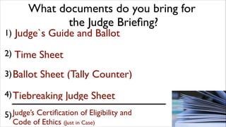 What documents do you bring for	

the Judge Brieﬁng?

1) Judge`s
	


Guide and Ballot

"

2)	

Time

Sheet

"

3)	

Ballot...