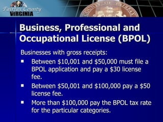 Business, Professional and
Occupational License (BPOL)
Businesses with gross receipts:
   Between $10,001 and $50,000 mus...