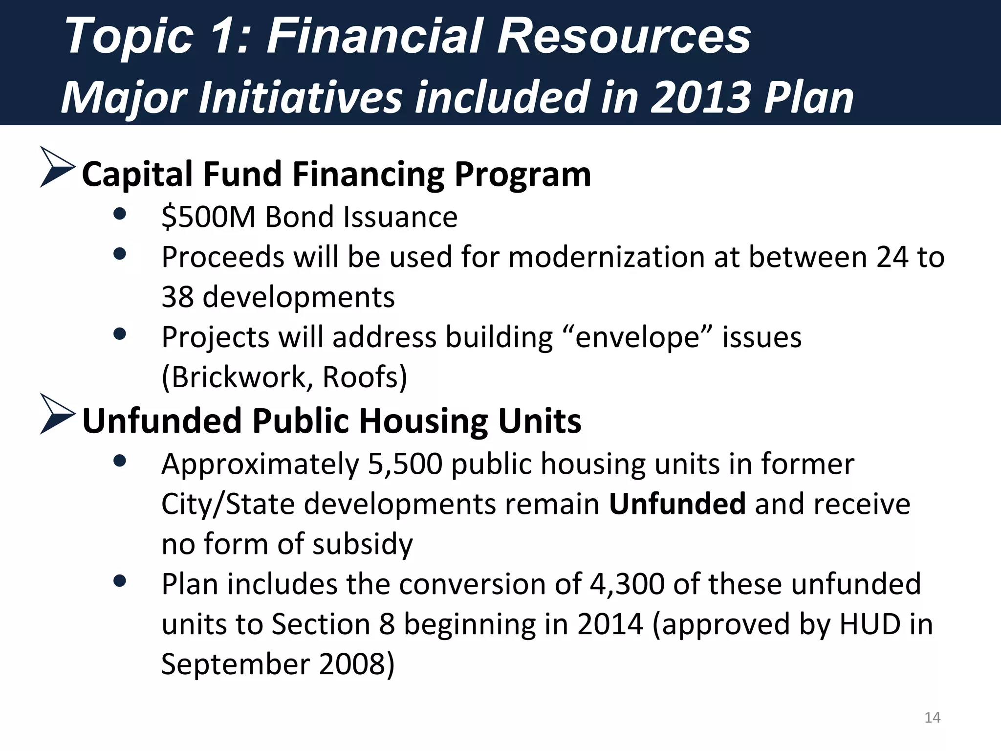 Topic 1: Financial Resources
Major Initiatives included in 2013 Plan
Capital Fund Financing Program
• $500M Bond Issuance
• Proceeds will be used for modernization at between 24 to
38 developments
• Projects will address building “envelope” issues
(Brickwork, Roofs)
Unfunded Public Housing Units
• Approximately 5,500 public housing units in former
City/State developments remain Unfunded and receive
no form of subsidy
• Plan includes the conversion of 4,300 of these unfunded
units to Section 8 beginning in 2014 (approved by HUD in
September 2008)
14
 