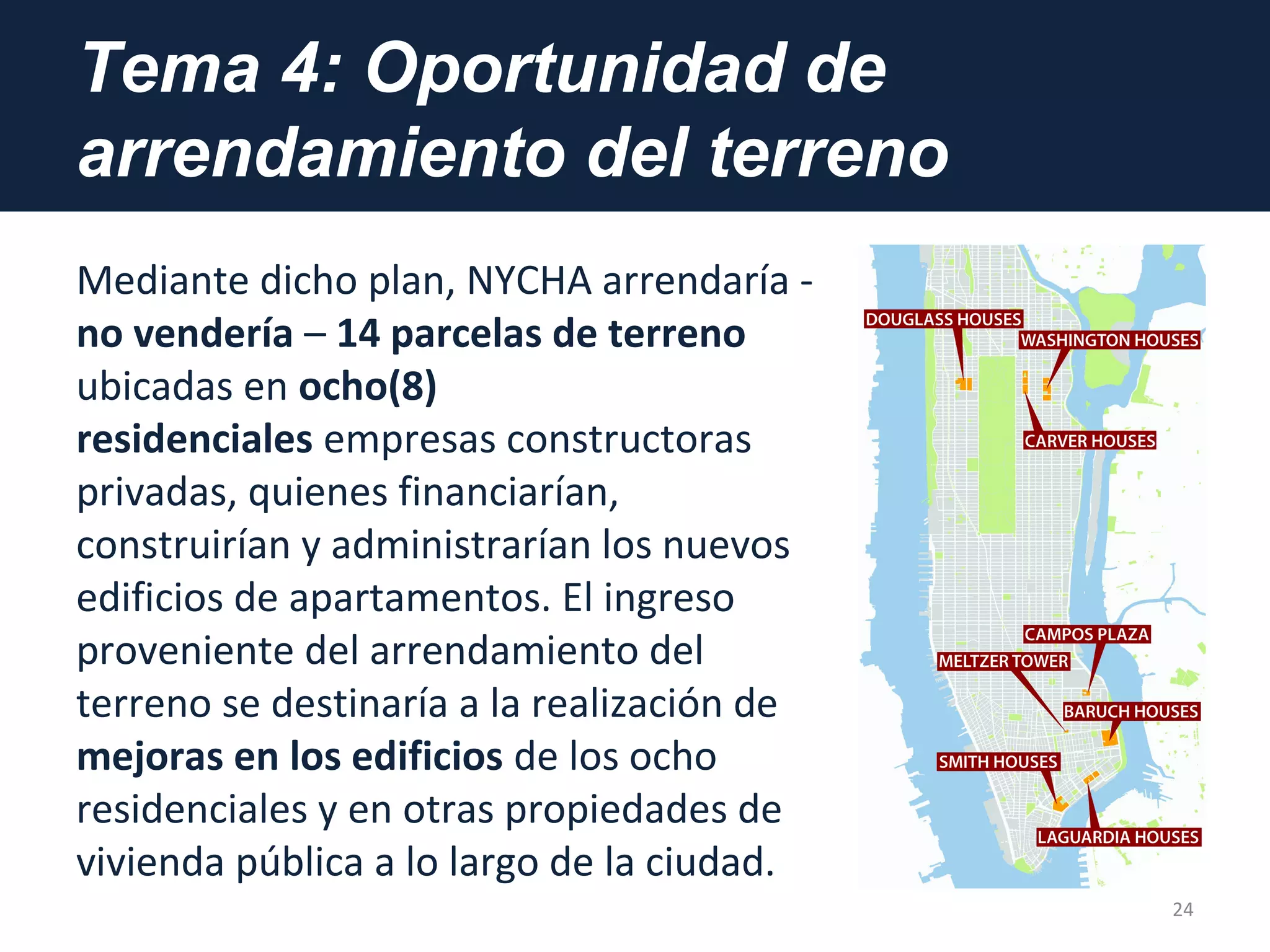 Tema 4: Oportunidad de
arrendamiento del terreno
Mediante dicho plan, NYCHA arrendaría -
no vendería – 14 parcelas de terreno
ubicadas en ocho(8)
residenciales empresas constructoras
privadas, quienes financiarían,
construirían y administrarían los nuevos
edificios de apartamentos. El ingreso
proveniente del arrendamiento del
terreno se destinaría a la realización de
mejoras en los edificios de los ocho
residenciales y en otras propiedades de
vivienda pública a lo largo de la ciudad.
24
 