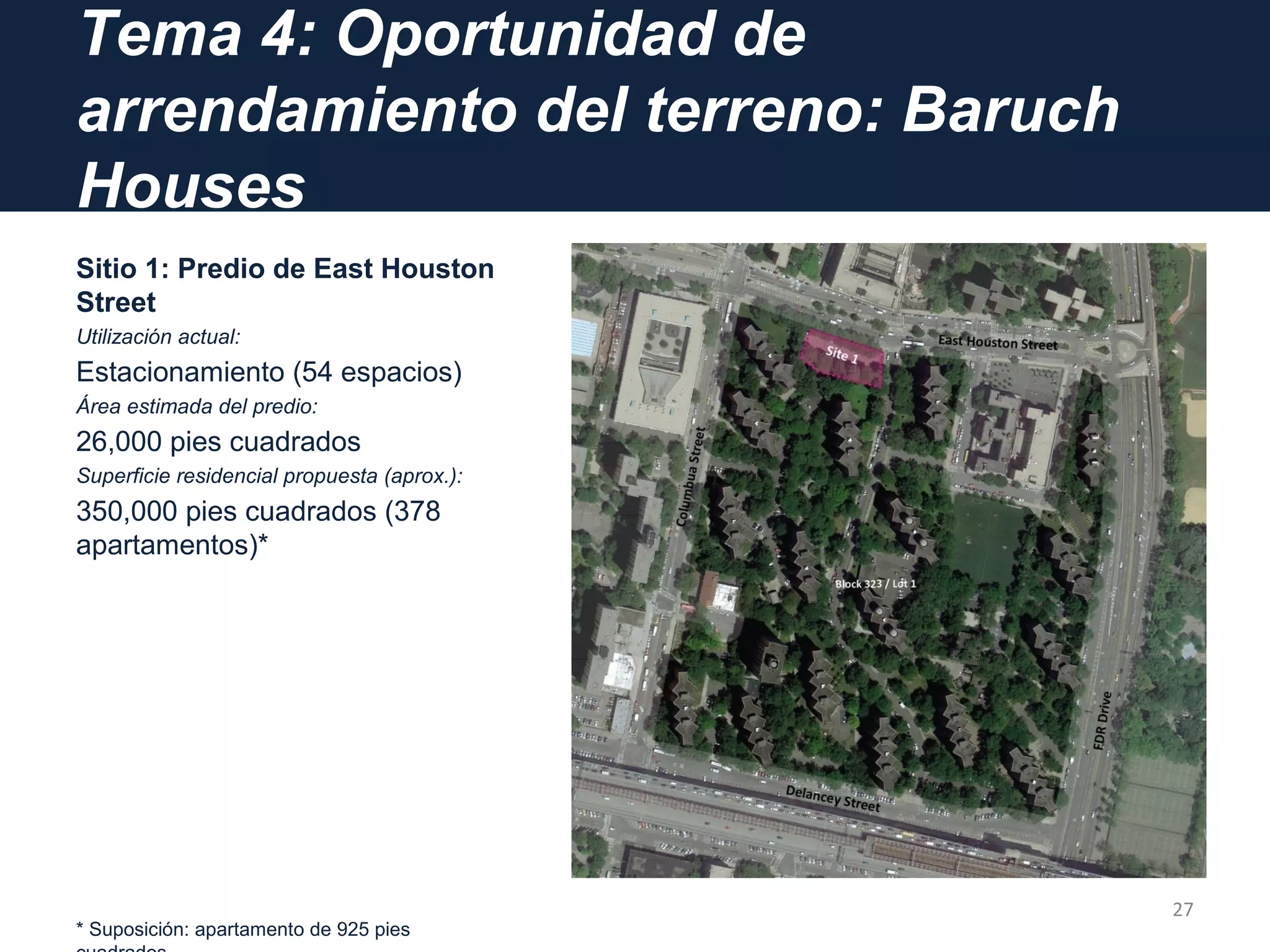 Tema 4: Oportunidad de
arrendamiento del terreno: Baruch
Houses
Sitio 1: Predio de East Houston
Street
Utilización actual:
Estacionamiento (54 espacios)
Área estimada del predio:
26,000 pies cuadrados
Superficie residencial propuesta (aprox.):
350,000 pies cuadrados (378
apartamentos)*
* Suposición: apartamento de 925 pies
27
 