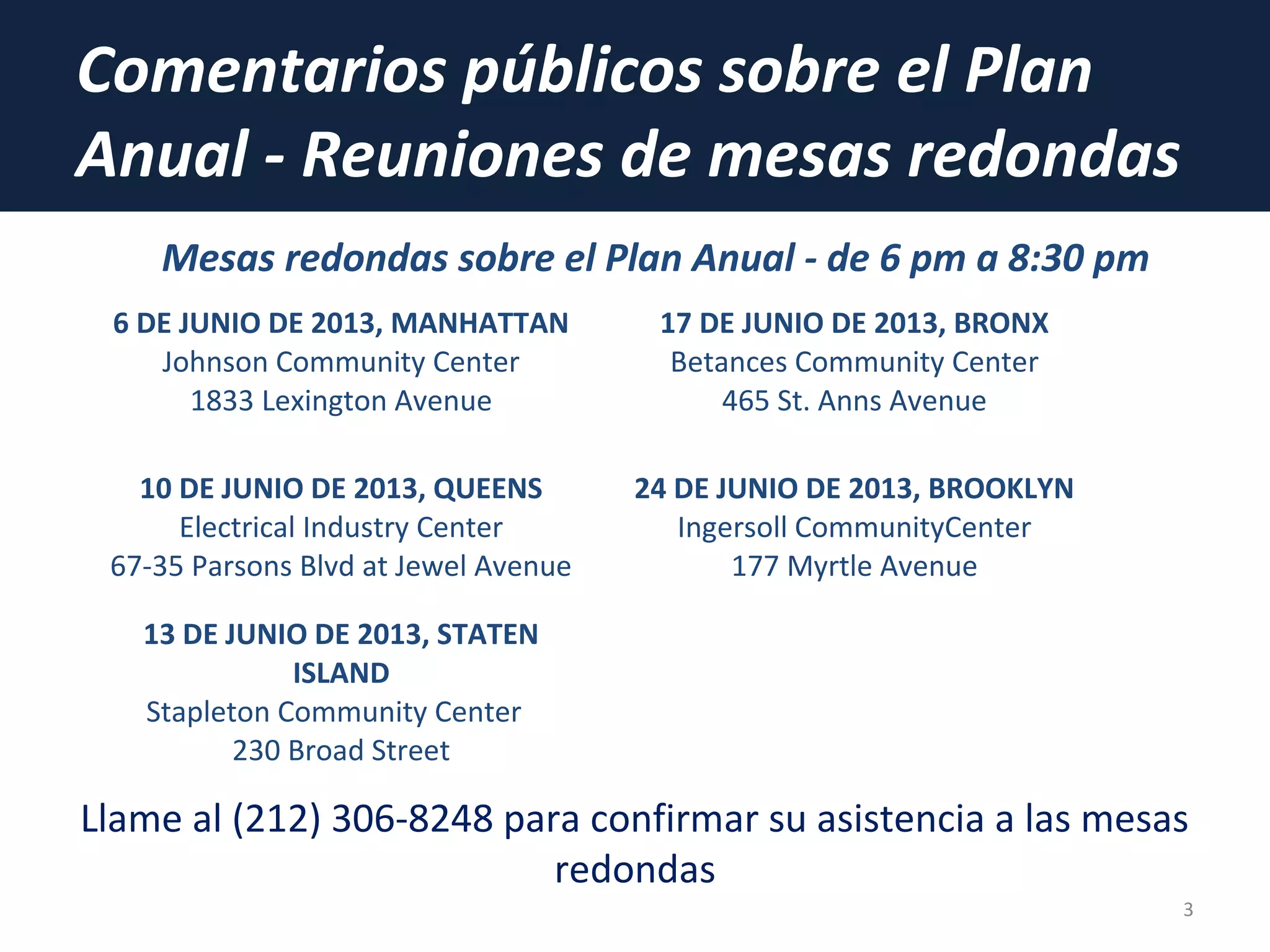 Comentarios públicos sobre el Plan
Anual - Reuniones de mesas redondas
3
Llame al (212) 306-8248 para confirmar su asistencia a las mesas
redondas
6 DE JUNIO DE 2013, MANHATTAN
Johnson Community Center
1833 Lexington Avenue
17 DE JUNIO DE 2013, BRONX
Betances Community Center
465 St. Anns Avenue
10 DE JUNIO DE 2013, QUEENS
Electrical Industry Center
67-35 Parsons Blvd at Jewel Avenue
24 DE JUNIO DE 2013, BROOKLYN
Ingersoll CommunityCenter
177 Myrtle Avenue
13 DE JUNIO DE 2013, STATEN
ISLAND
Stapleton Community Center
230 Broad Street
Mesas redondas sobre el Plan Anual - de 6 pm a 8:30 pm
 