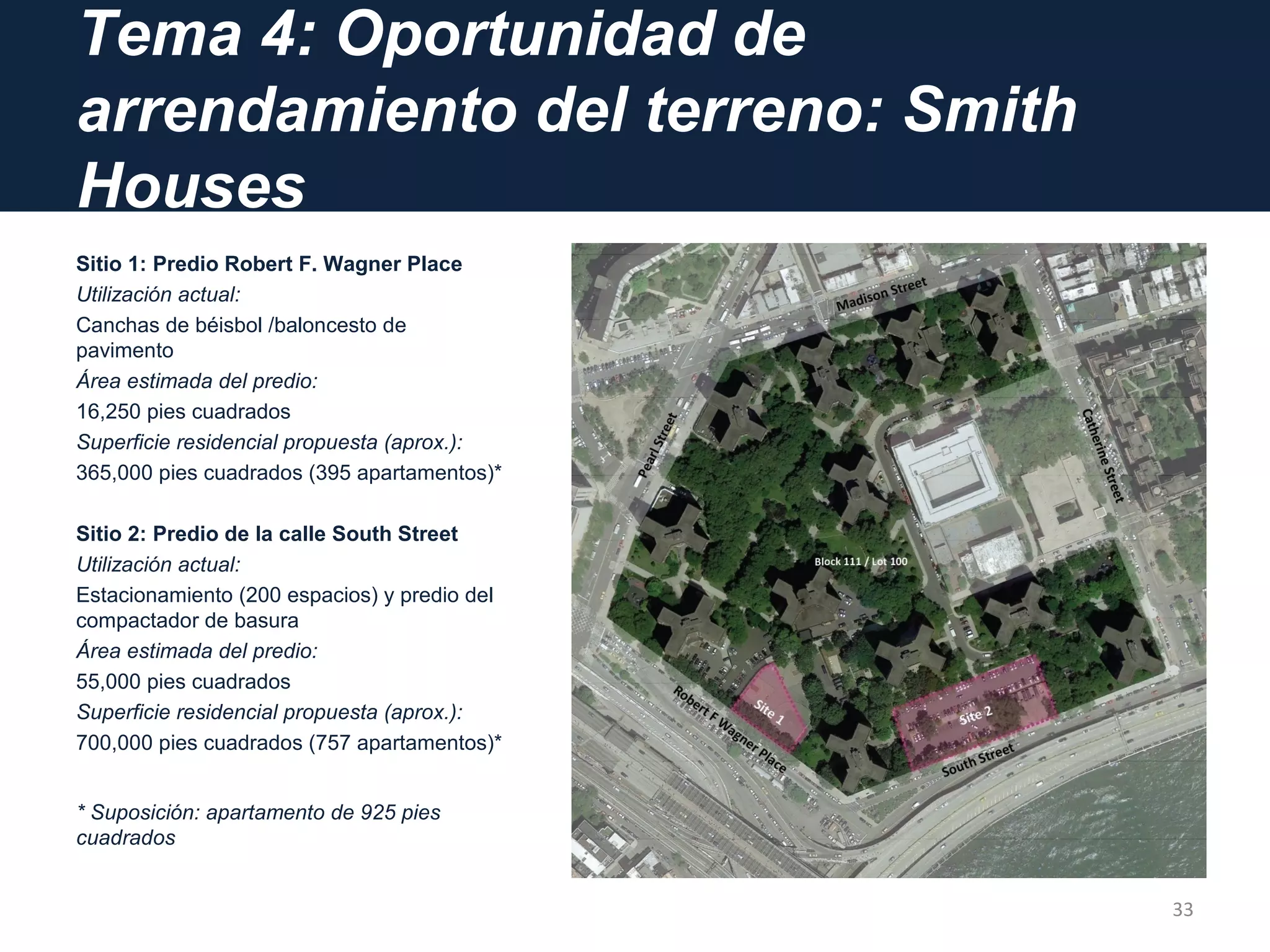 Tema 4: Oportunidad de
arrendamiento del terreno: Smith
Houses
Sitio 1: Predio Robert F. Wagner Place
Utilización actual:
Canchas de béisbol /baloncesto de
pavimento
Área estimada del predio:
16,250 pies cuadrados
Superficie residencial propuesta (aprox.):
365,000 pies cuadrados (395 apartamentos)*
Sitio 2: Predio de la calle South Street
Utilización actual:
Estacionamiento (200 espacios) y predio del
compactador de basura
Área estimada del predio:
55,000 pies cuadrados
Superficie residencial propuesta (aprox.):
700,000 pies cuadrados (757 apartamentos)*
* Suposición: apartamento de 925 pies
cuadrados
33
 