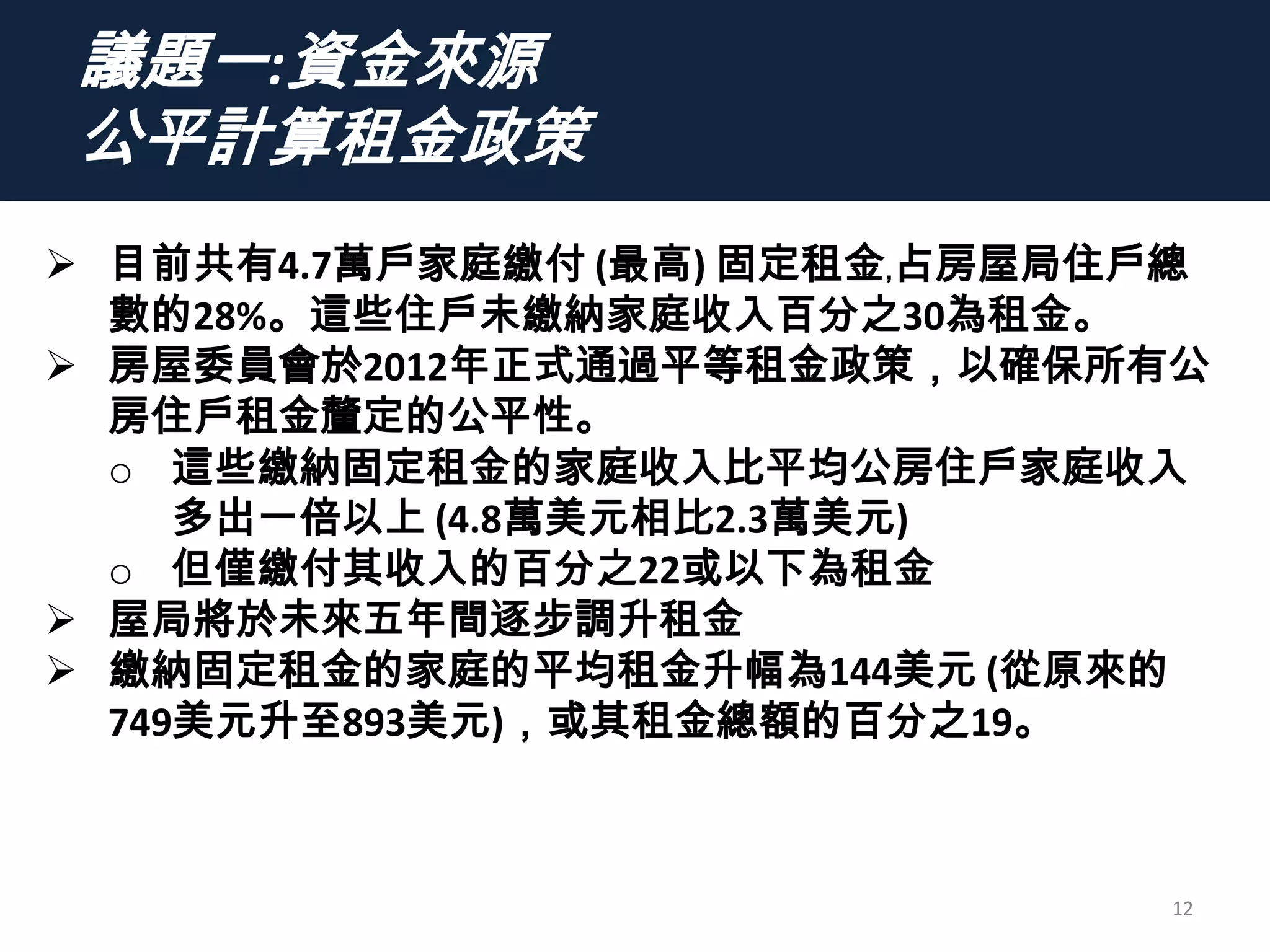 議題一:資金來源
公平計算租金政策
12
 目前共有4.7萬戶家庭繳付 (最高) 固定租金﹐占房屋局住戶總
數的28%。這些住戶未繳納家庭收入百分之30為租金。
 房屋委員會於2012年正式通過平等租金政策，以確保所有公
房住戶租金釐定的公平性。
o 這些繳納固定租金的家庭收入比平均公房住戶家庭收入
多出一倍以上 (4.8萬美元相比2.3萬美元)
o 但僅繳付其收入的百分之22或以下為租金
 屋局將於未來五年間逐步調升租金
 繳納固定租金的家庭的平均租金升幅為144美元 (從原來的
749美元升至893美元)，或其租金總額的百分之19。
 